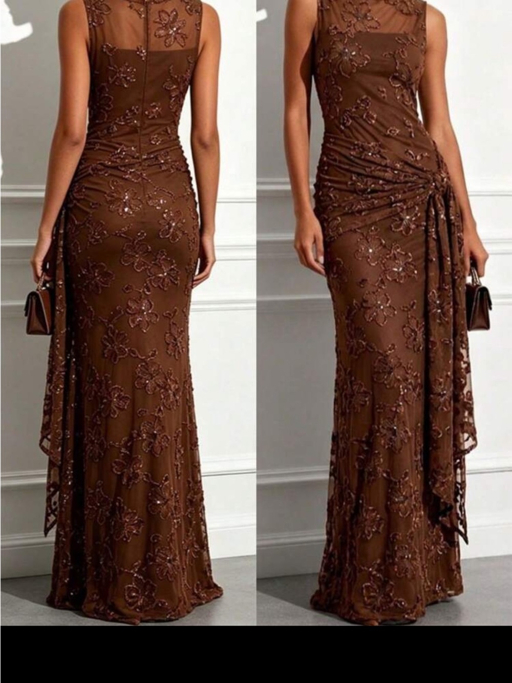 SHEIN Brown Beaded Floral Maxi Dress with Side Drape